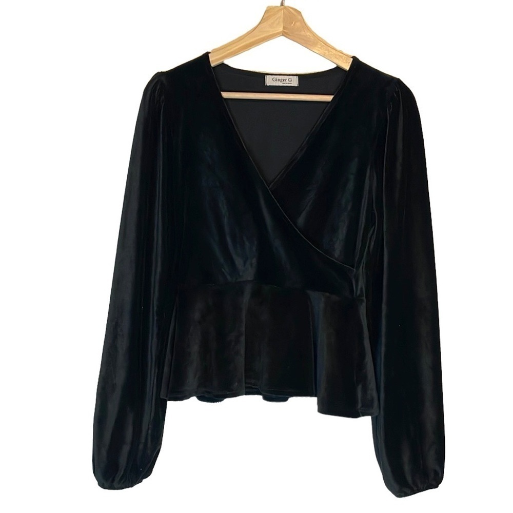Ginger G blouse top velvet ribbed peplum balloon sleeve v-Neck black small